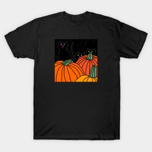 Black Cat and Friends in the Halloween Pumpkin Patch at Night T-Shirt